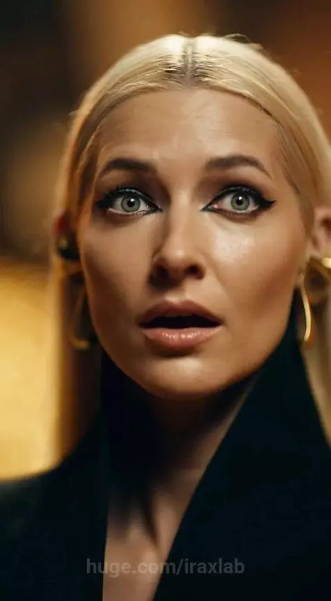 Woman with blonde hair falling backward into a room overflowing with gold coins, her skin turning to gold.