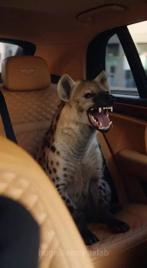 Woman driving a car, smiling at an AI hyena laughing in the backseat.