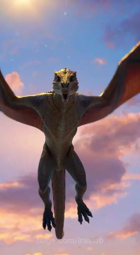 Dragon hunter in a dark gown with a feathered collar stands with a dragon against a vibrant sunset.