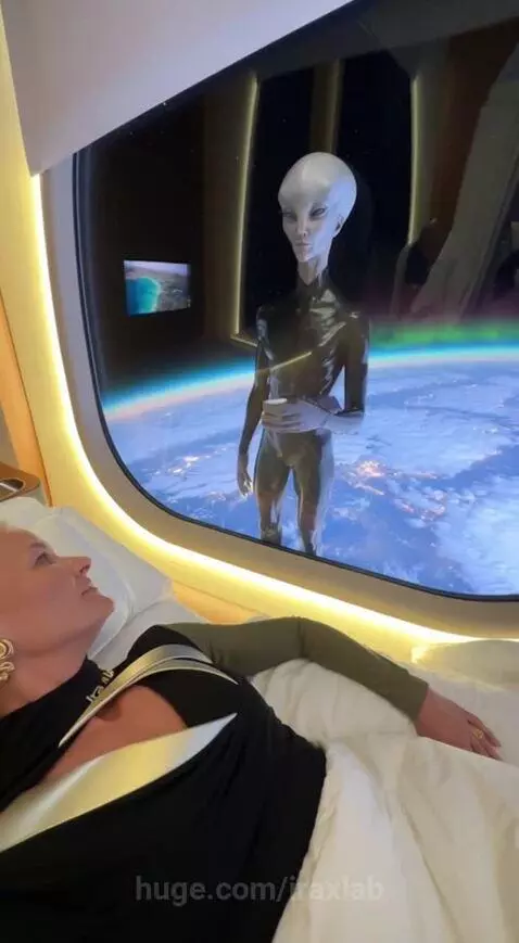 Woman in a luxurious spaceship cabin with Earth visible outside the window, a screen shows a beach.