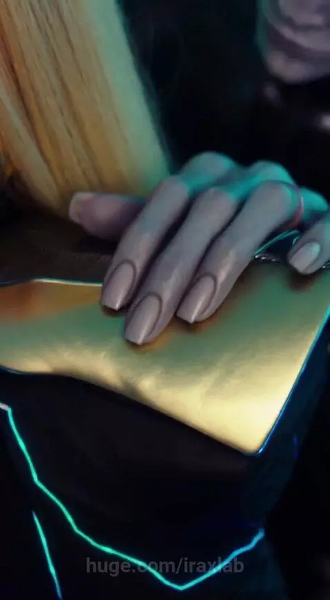 Woman with heavy eye makeup and futuristic outfit with glowing blue lines, an alien with grey skin touches her shoulder.