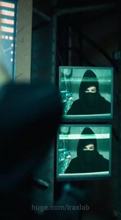 Woman in futuristic black coat with gold choker, holding a pistol, in a sci-fi urban setting with holographic displays.