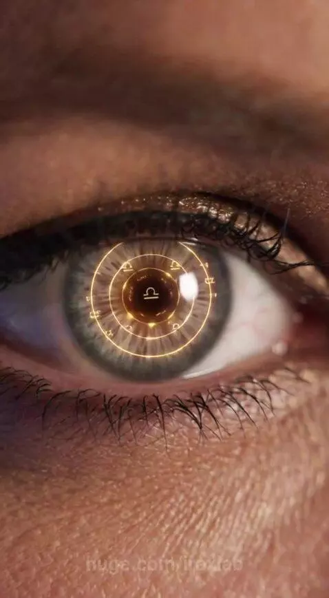 Woman in a futuristic white dress embodying Libra, with glowing scales and wings against a cosmic background.