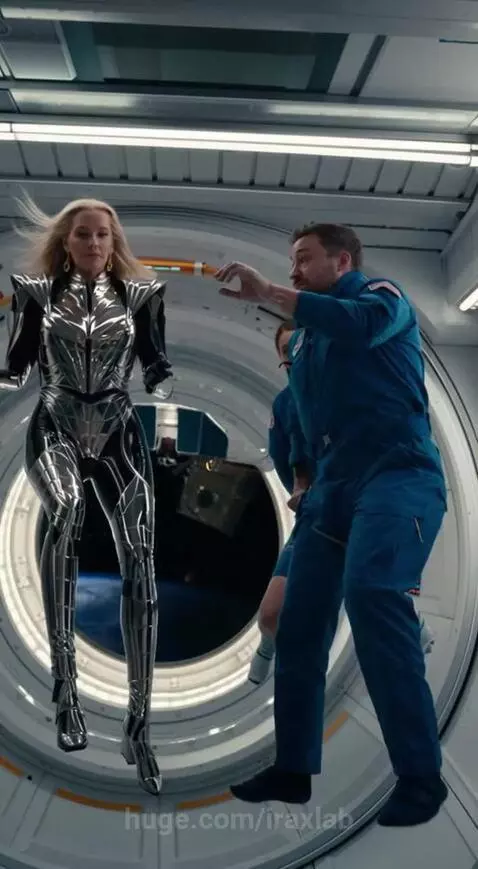 Woman in silver suit reacts to news of toilet system failure on Artemis mission.