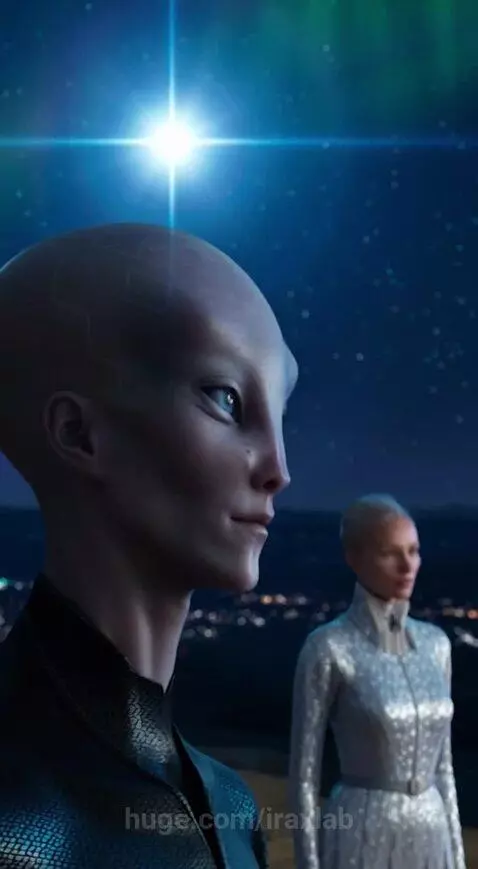 Alien and human looking at a bright star in the night sky with city lights below.