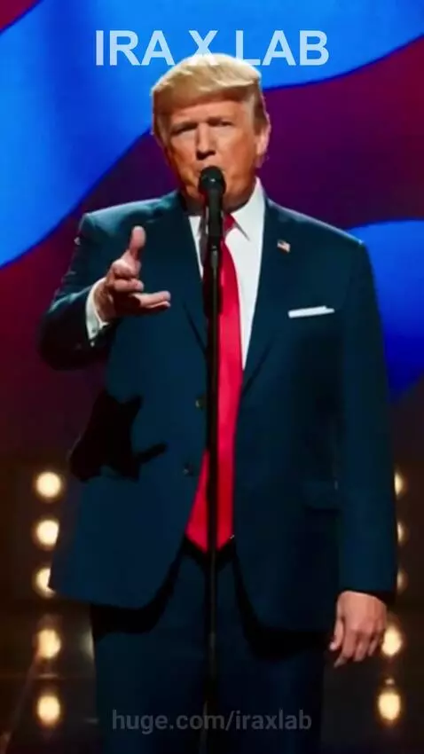 Donald Trump in a suit and red tie speaking at a podium on a brightly lit stage with a wavy blue and red background.