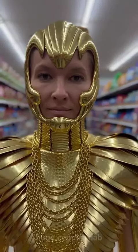 Person in a detailed, full-body golden suit of armor shopping for groceries in a supermarket aisle.