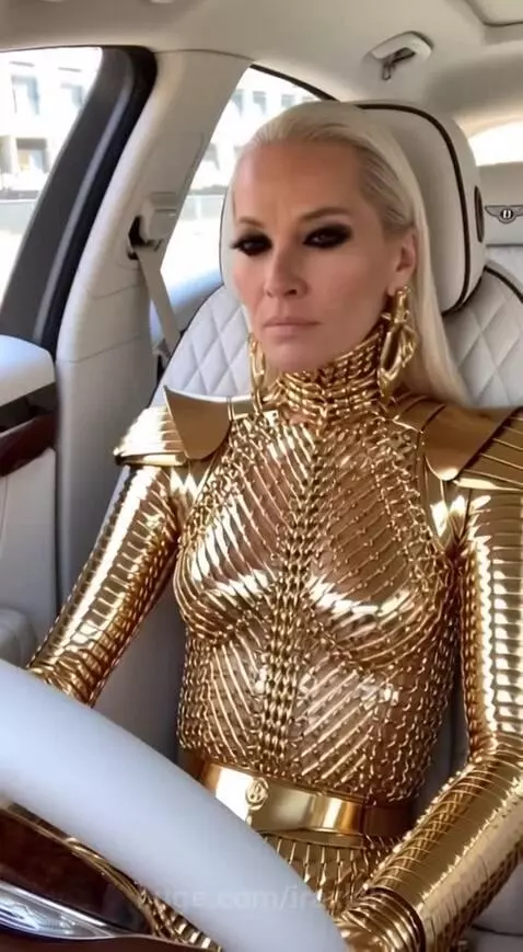 Woman with dramatic makeup and futuristic golden outfit screaming loudly in the driver's seat of a white luxury car.