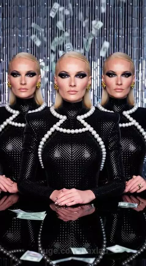 Glamorous woman in futuristic black outfit, surrounded by money and starry galaxy background.