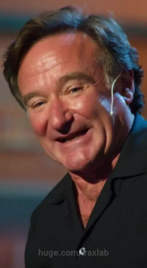 Comedian on stage with orange and blue lights, interspersed with AI beach scenes.