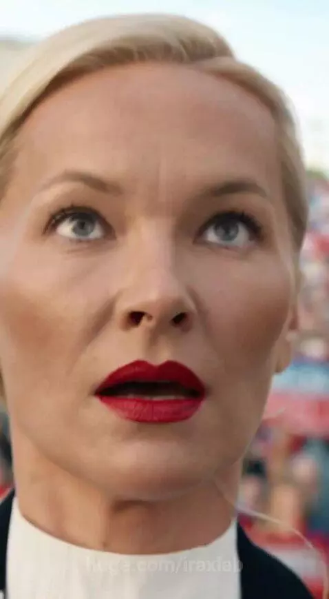 Woman at podium with black blazer, her back sparking and revealing circuitry, with security rushing in.