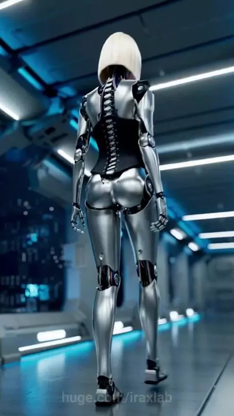 A sophisticated, feminine-presenting humanoid robot with a metallic body, performing fluid movements.