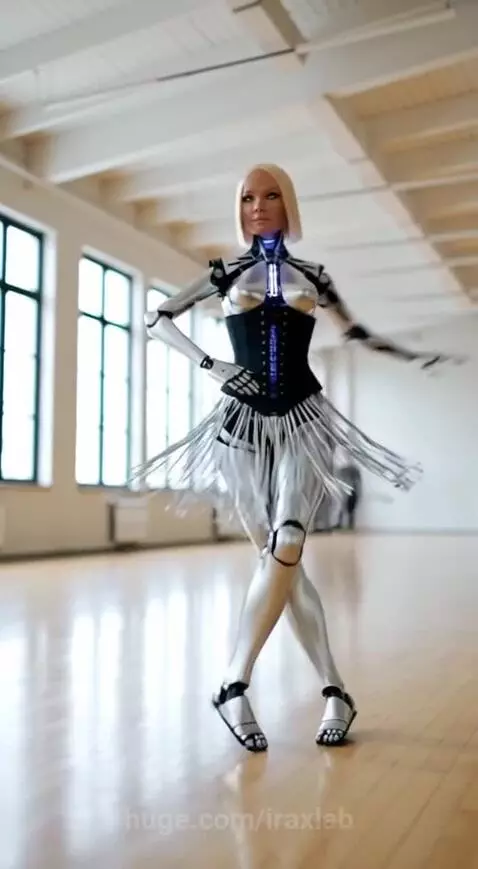 Humanoid robot with silver limbs and blue lights on chest performing a dance routine.