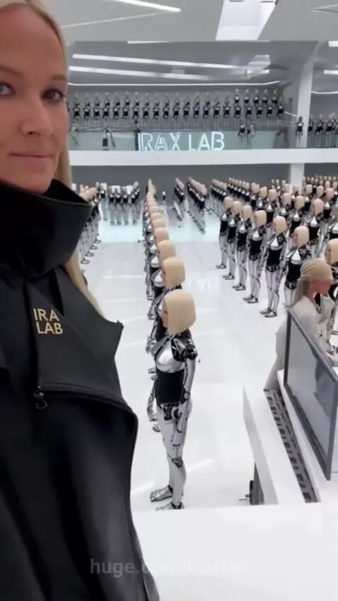 Two blonde female-presenting humanoid robots with metallic and black bodies on display at an event.