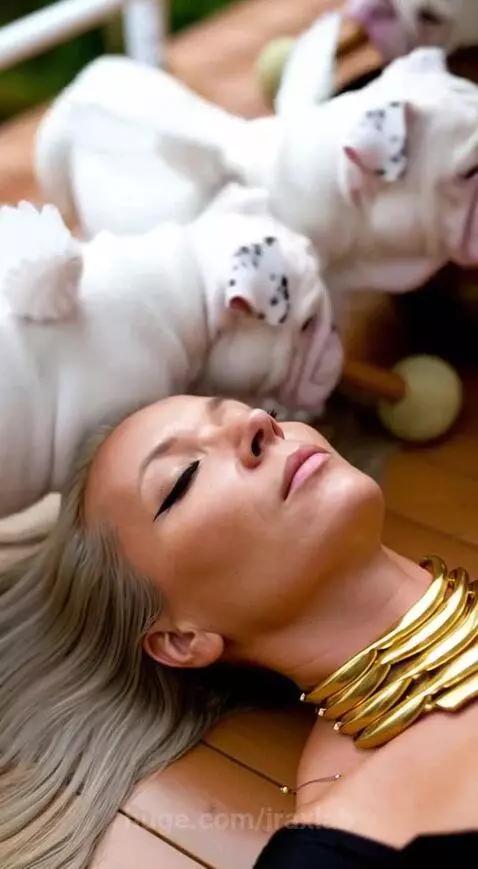 Woman meditating with golden singing bowls while winged bulldog puppies play around her.