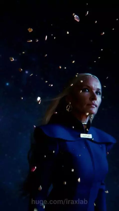 Woman in futuristic coat observing rocket launch, then in cosmic space with ornate golden eggs.