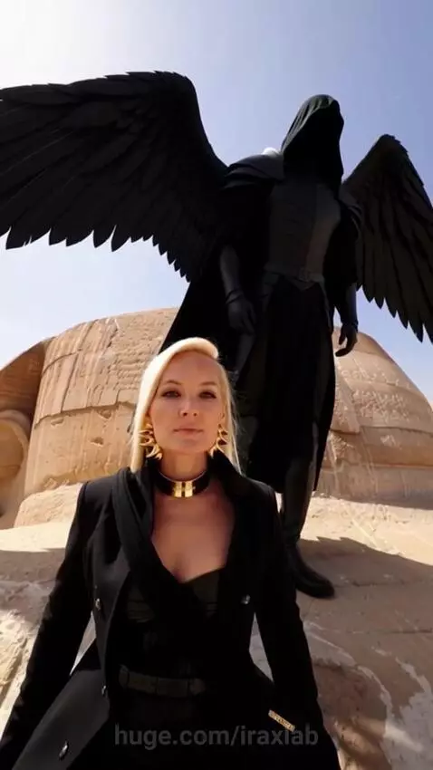 Woman in gold accessories poses with a winged figure at the Sphinx in Egypt.