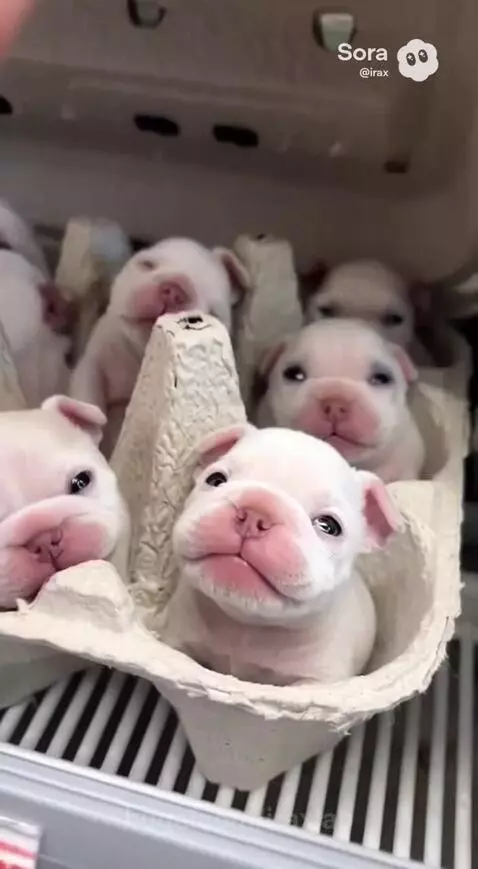 An egg carton filled with many small, white bulldog puppies with pink noses.