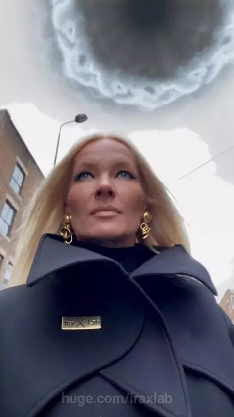 Woman in a black coat looking up at a swirling dark vortex in the sky that turns into a blue ring.