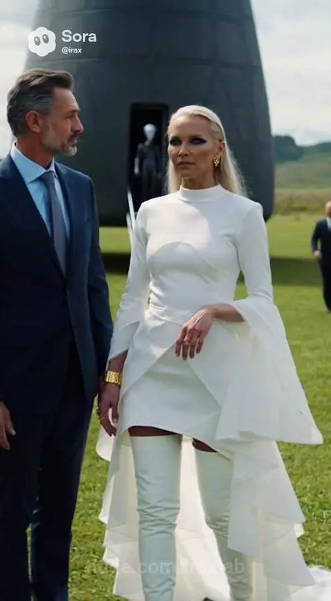 Woman in white dress and boots facing a spaceship with an alien figure, a man in a suit stands beside her.