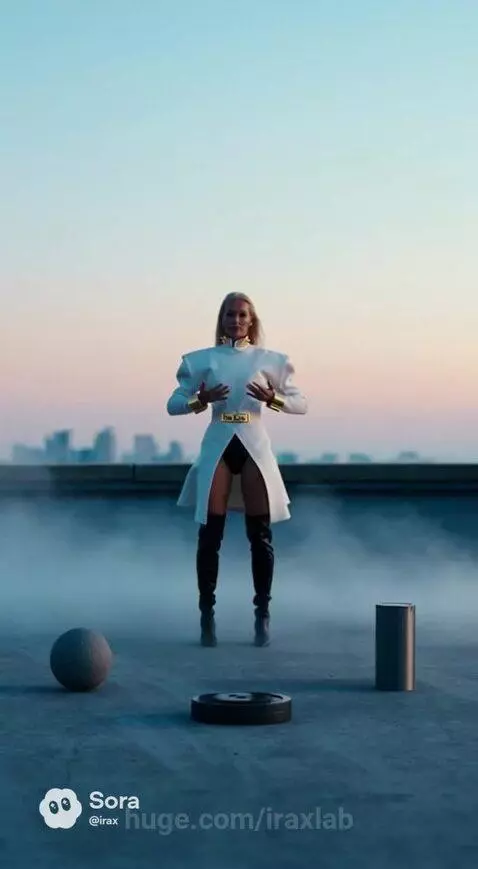 Woman in white futuristic coat and black shorts on a misty rooftop at dusk, with city skyline and sci-fi objects.