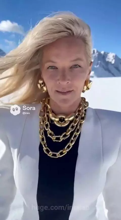 Stylish blonde woman in white coat, red skirt, and gold jewelry walks through a snowy mountain landscape.