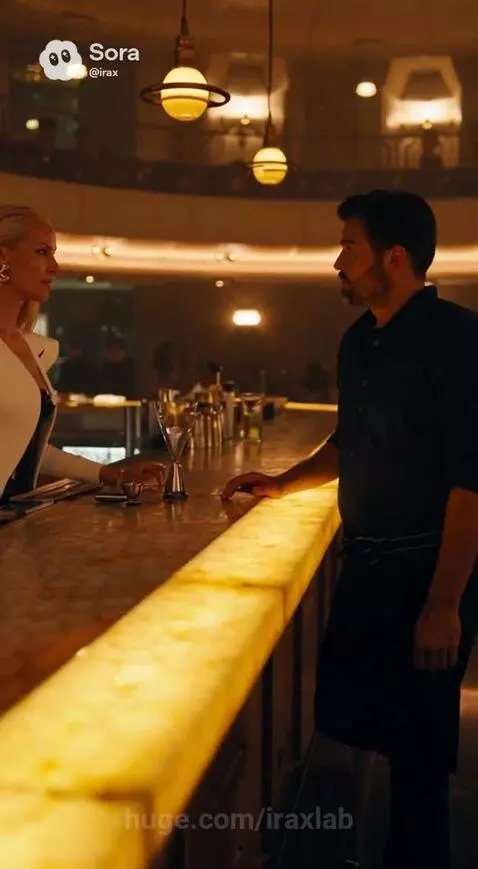 Blonde woman in black and gold outfit orders a custom stirred cocktail at a stylish bar.