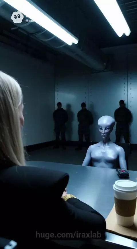 Humanoid alien being interrogated by a woman in a black and gold uniform at a metal table.