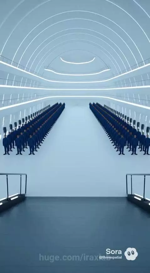 Woman in a futuristic coat walks down an aisle of uniformed figures towards a glowing spacecraft entrance in a snowy, aurora-lit landscape.