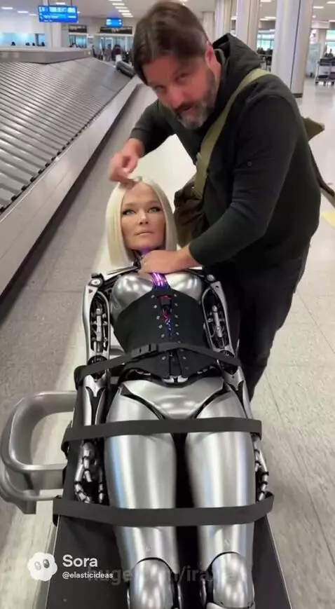 A man transports a realistic female humanoid robot with exposed mechanical parts through an airport baggage claim and loads it into a car.