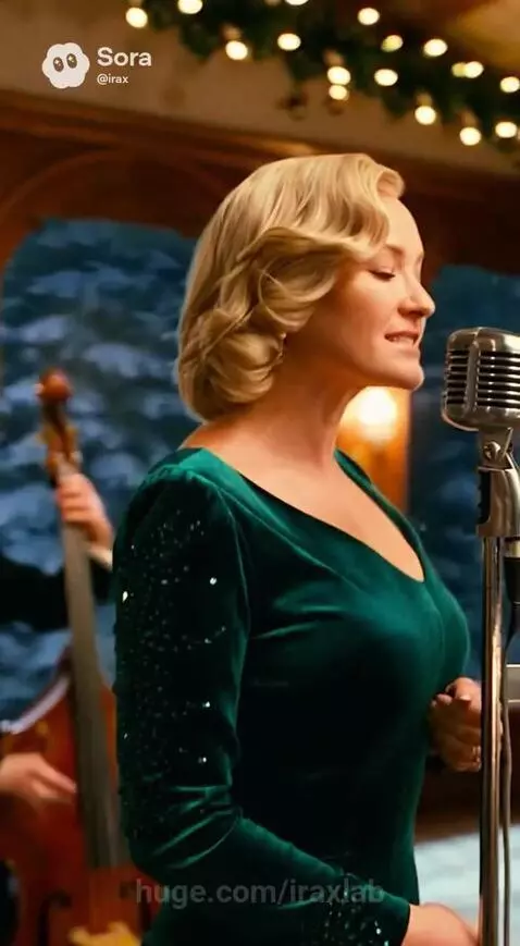 Interior of a festive Polar Express train car with Christmas lights and a live band, contrasted with aerial shots of the train in a snowy forest under the Northern Lights.
