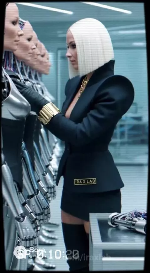 Close-up of a humanoid robot's intricate face and wiring at Ira X Lab, with a woman in an 'IRA X LAB' jacket inspecting robots.