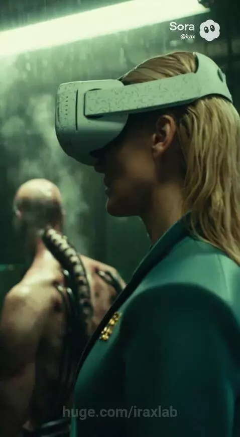 Woman wearing VR headset in a misty industrial environment with biomechanical implants visible.