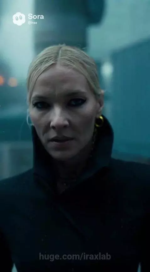 Woman in black coat running from a menacing robot in a rainy, industrial sci-fi setting.