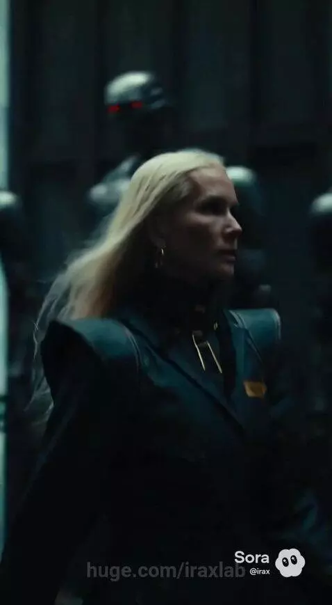 Futuristic cyber-noir cityscape with a woman in a dark coat, flying vehicles, and neon lights.