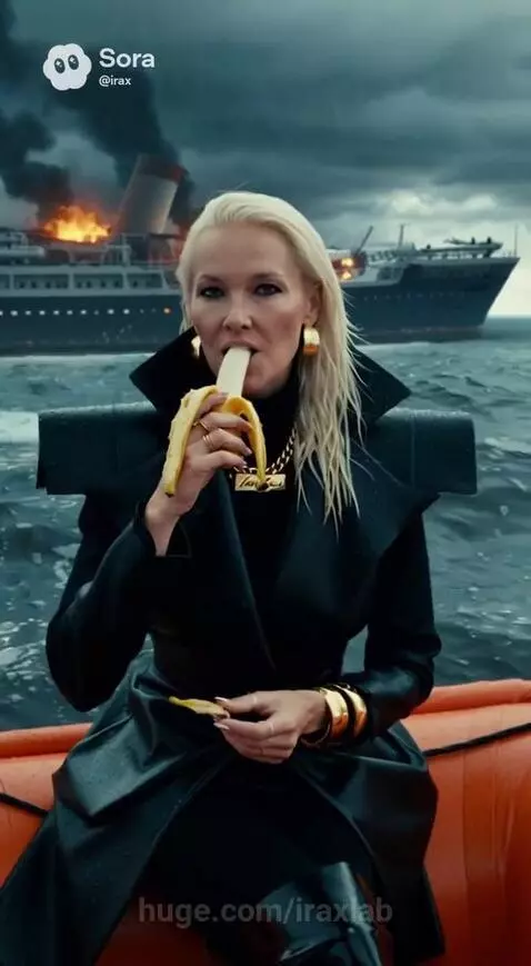 Woman in black trench coat eating banana in an orange boat, with a burning ship and smoke in the background.