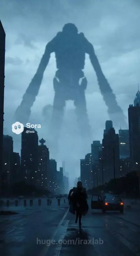 Woman running from giant shadowy figures and aircraft during a dramatic, intense sci-fi event.