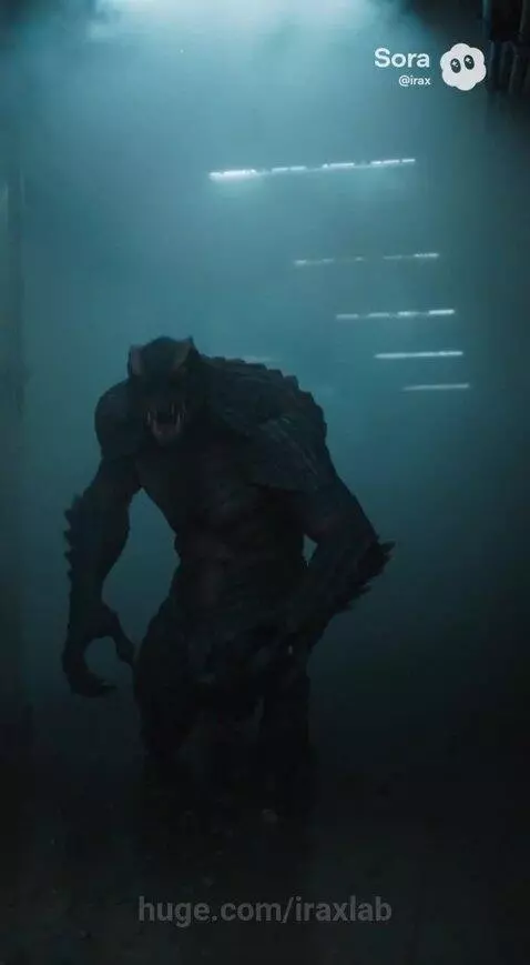 Woman running from a large, dark, reptilian monster with glowing eyes in a dimly lit industrial hallway.