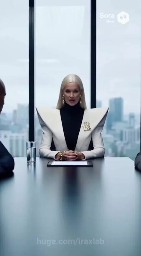 Woman in white blazer introduces an alien to colleagues during a corporate meeting.