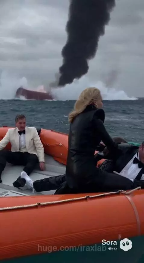 Survivors in a lifeboat during a dramatic rescue as a large burning ship sinks in the background.