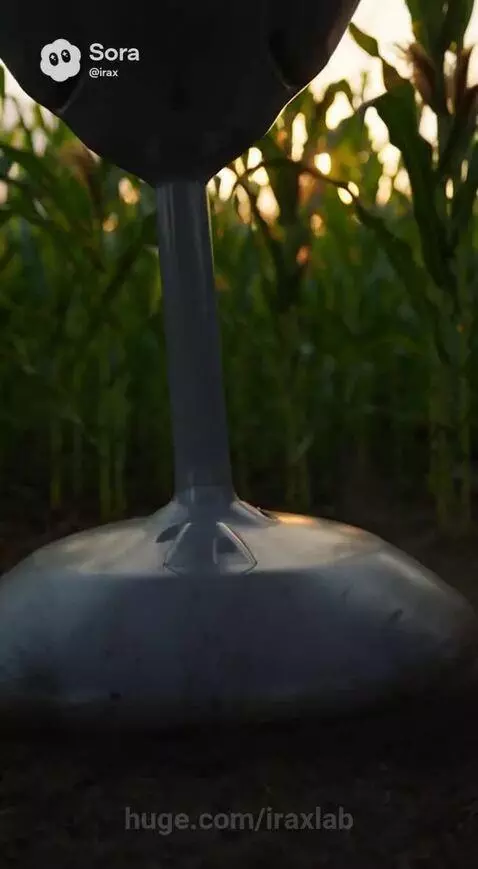 Blonde woman in futuristic outfit and alien companion stand beside their landed spaceship in a cornfield at sunset.