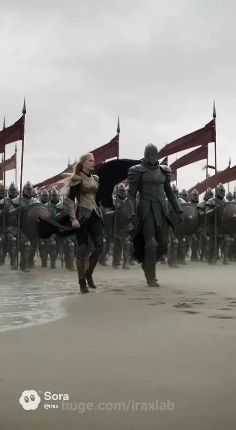 Blonde woman in golden armor commands an army to charge across a sandy battlefield.
