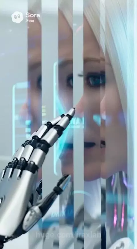 Humanoid robot with blonde bob, metallic body, and blue eyes in a futuristic laboratory.