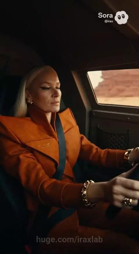 Futuristic armored 6x6 vehicle driving through a sandy desert, kicking up dust, with a woman driving inside.