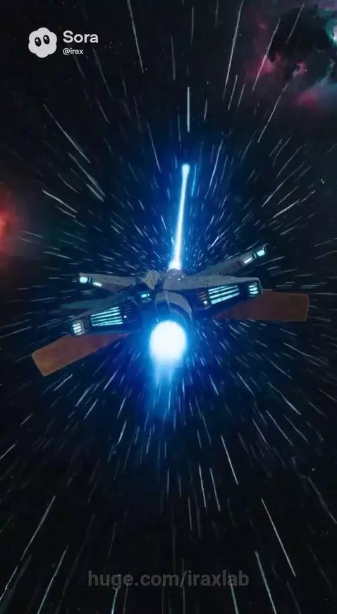 Futuristic spaceship firing a laser at a fiery celestial object, then jumping to hyperspace.