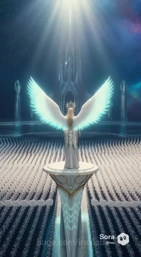 Angelic woman with blonde hair, crown, and glowing wings addresses a vast army in a futuristic celestial hall.
