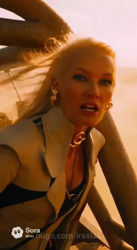 Woman in desert leading dune buggies away from massive dinosaur-like creatures during a dramatic chase.