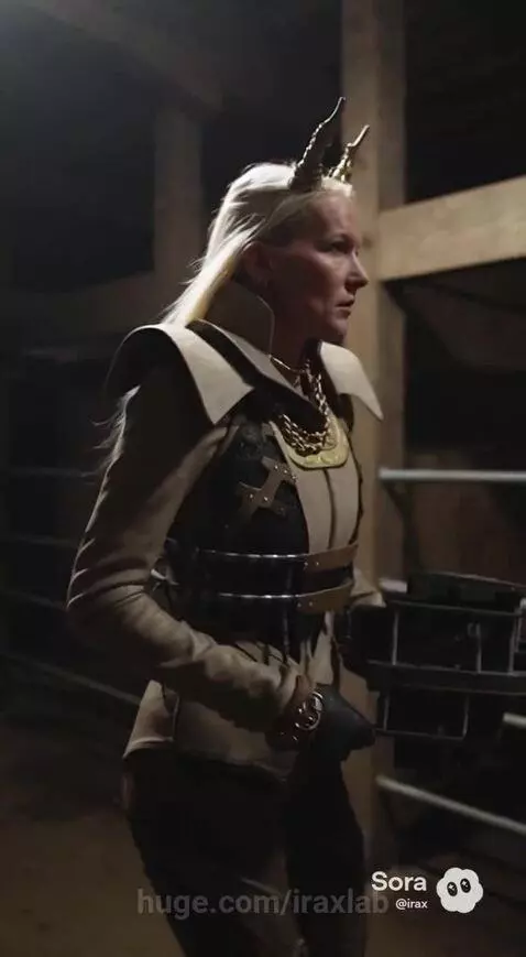 Woman with golden horns and biopunk/cybercore outfit in a dark industrial setting with masked figures.