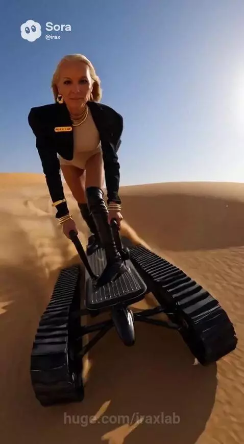 Woman in black jacket and boots riding a tracked vehicle across sand dunes in the desert.