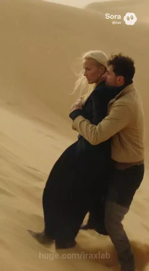 Couple embracing in a windy desert landscape, woman in blue jacket with gold jewelry.